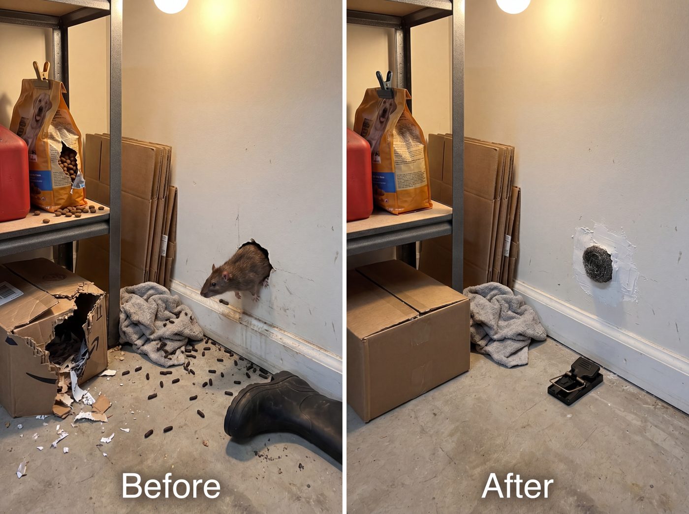 Storage corner before and after: rodent entry sealed